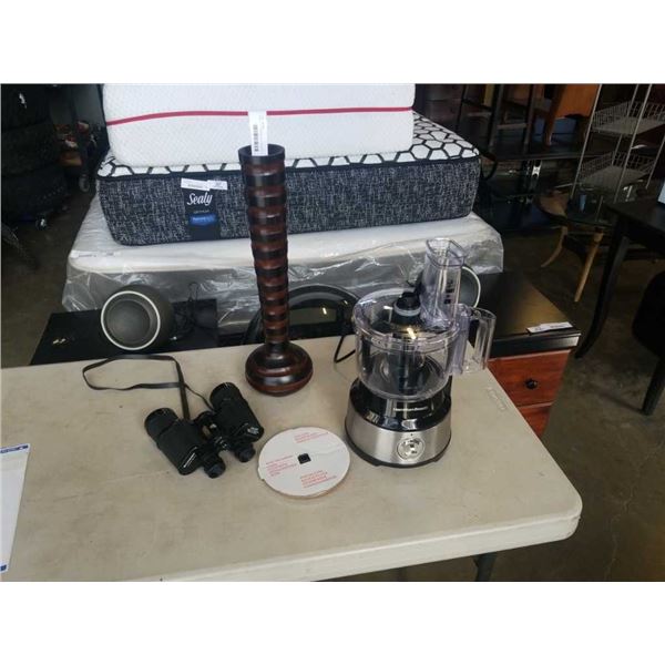 HAMILTON BEACH FOOD PROCESSOR, HANIMEX 10X50 BINOCULARS AND WOOD VASE