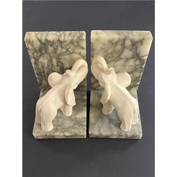 GENUINE ALABASTER HAND CARVED ELEPHANT BOOKENDS