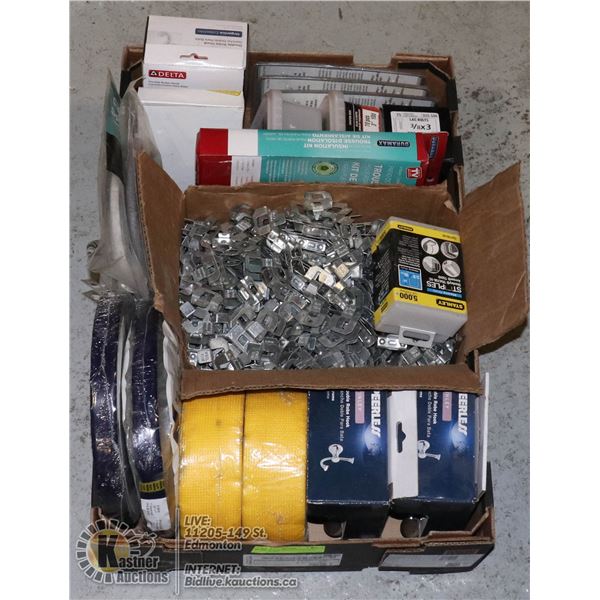 BOX OF BUILDING SUPPLIES AND HARDWARE