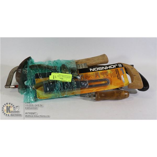 ASSORTED SAWS , HAMMER, SAW TOOTH ADJUSTER AND