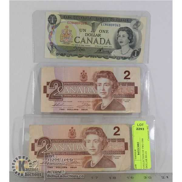 COLLECTION OF TWO 1986 $2 BILLS & ONE 1973 $1 BILL