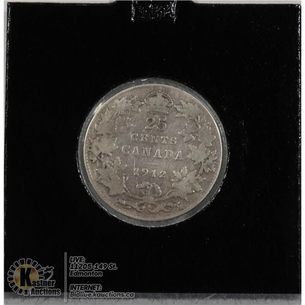 1912 KING GEORGE V CANADA SILVER 25 CENT COIN