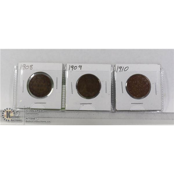 3-EDWARDIAN CANADA LARGE CENT COINS 1908-1910