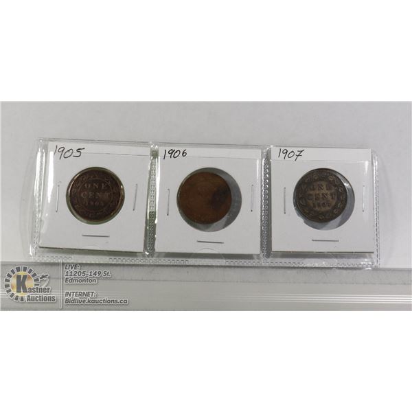 3-EDWARDIAN CANADA LARGE CENT COINS 1905-1907