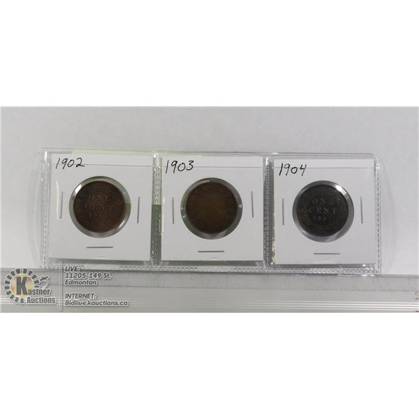 3-EDWARDIAN CANADA LARGE CENT COINS 1902-1904