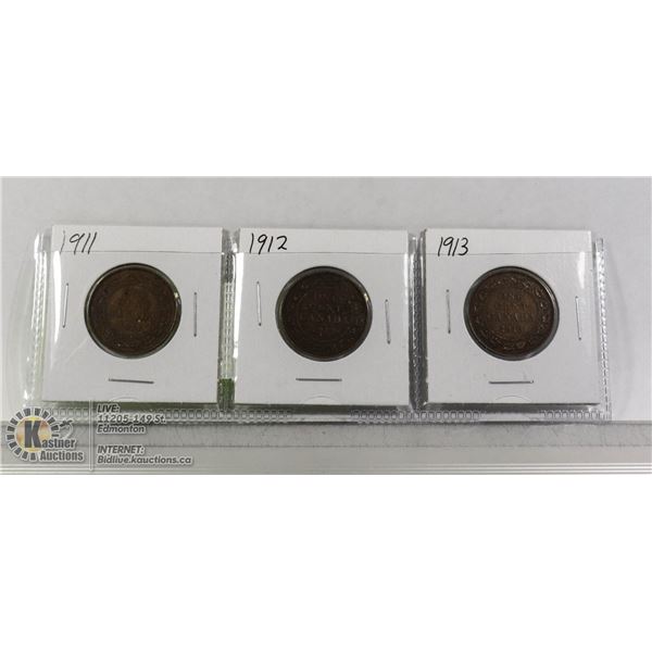 3- KING GEORGE V CANADA LARGE CENTS 1911-13