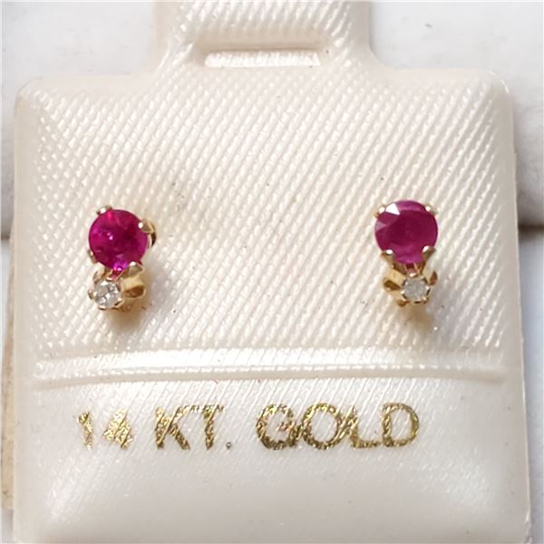 14K YELLOW GOLD RUBY DIAMOND(0.02CT)  EARRINGS