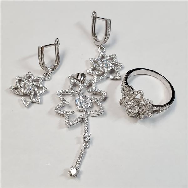 SILVER CUBIC ZIRCONIA EARRING,PENDENT,RING SET