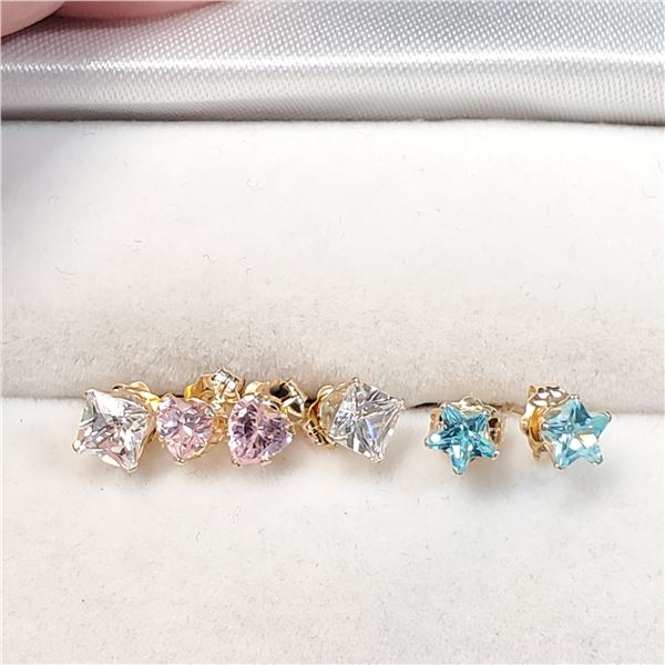 9K YELLOW GOLD BLUE, PINK,PINK CZ 3 EARRINGS SET