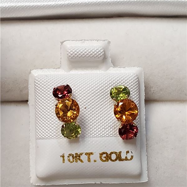 10K YELLOW GOLD EMERALD,RUBY,CITRINE  EARRINGS