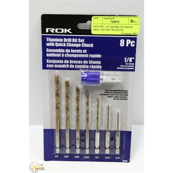 NEW 8PC  1/4" SHANK TITANIUM DRILL BIT SET W/CHUCK