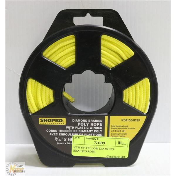 NEW 66' YELLOW DIAMOND BRAIDED ROPE