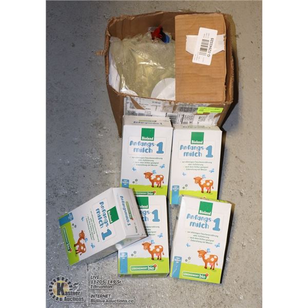 BOX WITH TWO BAGS OF SOAP AND 5 BOXES OF