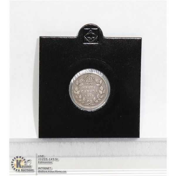1913 CANADIAN SMALL LEAVES SILVER 10 CENT COIN