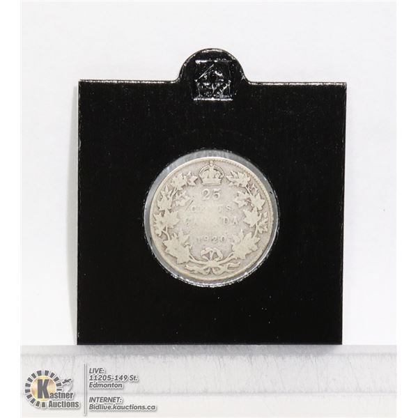 1920 KING GEORGE V CANADIAN SILVER 25 CENT COIN