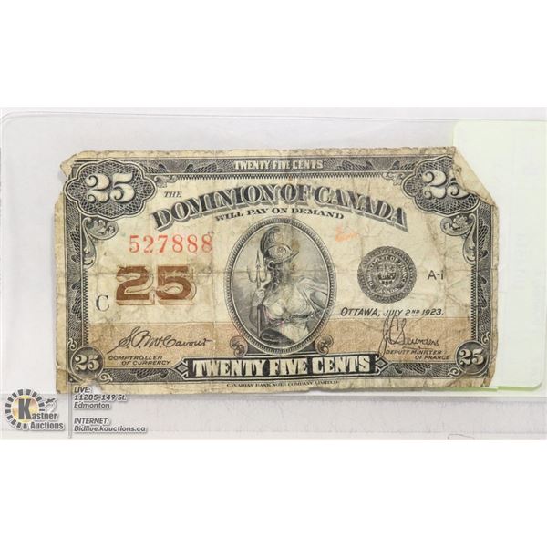 1923 DOMINION OF CANADIAN 25 CENT BANKNOTE