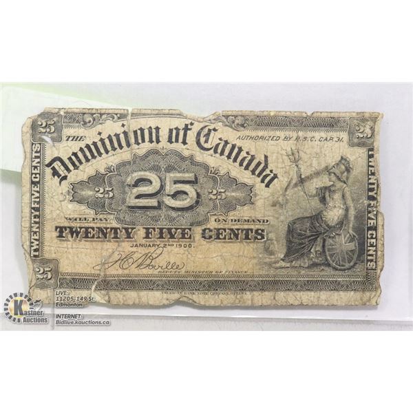 1900 DOMINION OF CANADIAN 25 CENT BANKNOTE