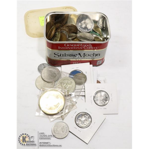 MIXED TIN OF VARIOUS COINS AND TOKENS UNSORTED