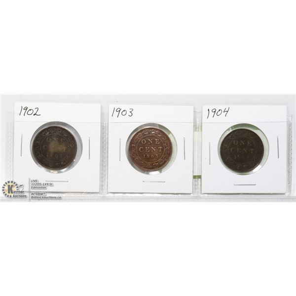 3-EDWARDIAN CANADIAN LARGE CENT COINS 1902-1904