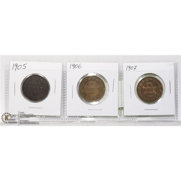 3-EDWARDIAN CANADIAN LARGE CENT COINS 1905-1907