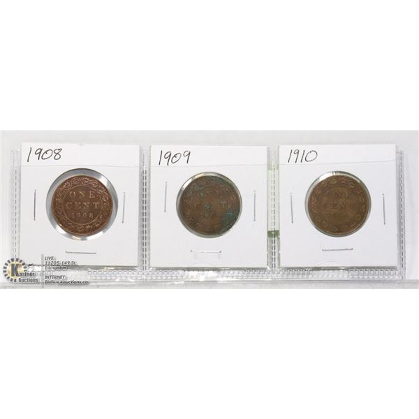 3-EDWARDIAN CANADIAN LARGE CENT COINS 1908-1910