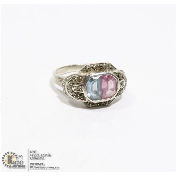 SILVER FILIGREE RING EITH PINK/BLUE GLASS