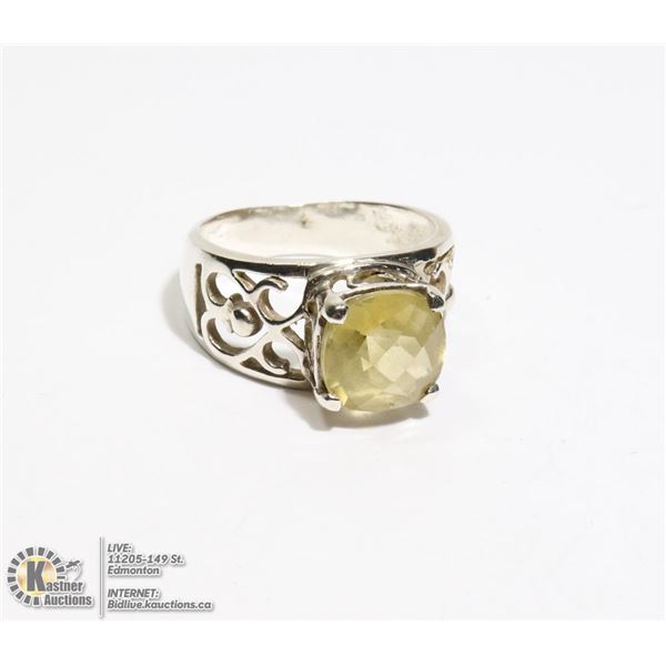 SILVER FILIGREE RING WITH PALE YELLOW STONE