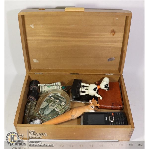 WOOD BOX FULL OF VINTAGE ITEMS