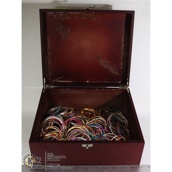 WOODEN BOX FULL OF BRACELETS