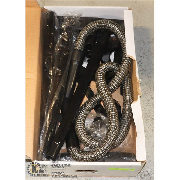 BOX FULL OF NEW VACUUM PARTS AND HOSE