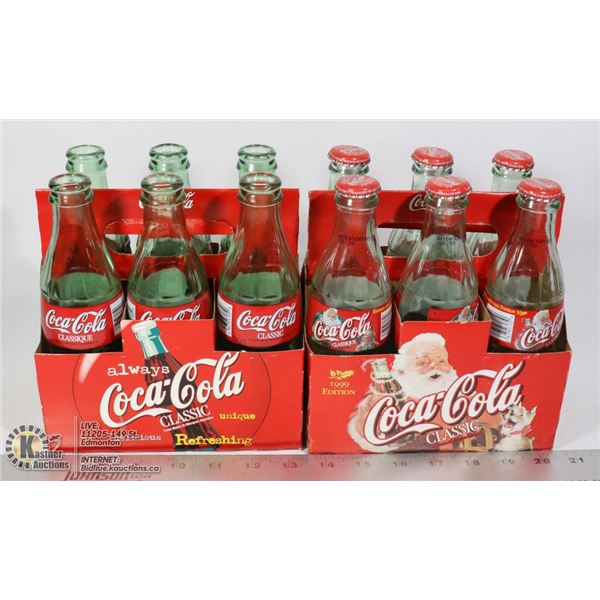 TWO 6 PKS GREEN GLASS COCA COLA CLASSIC & 6 PK AQU