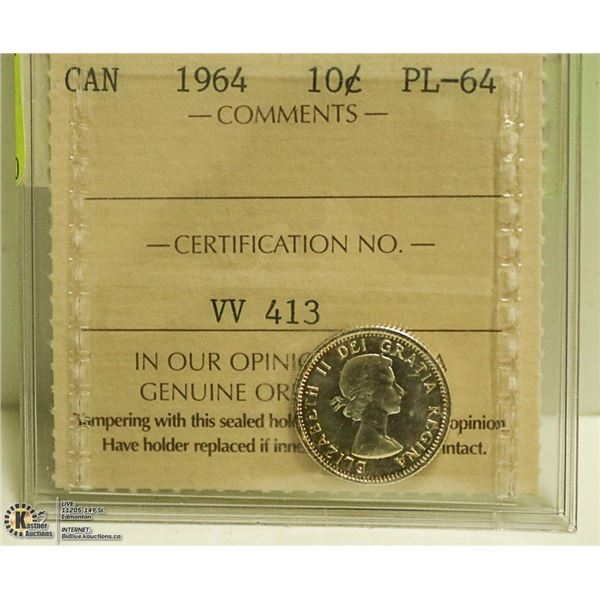 1964 CANADIAN 10 CENT ICCS CERT MS64 PROOFLIKE
