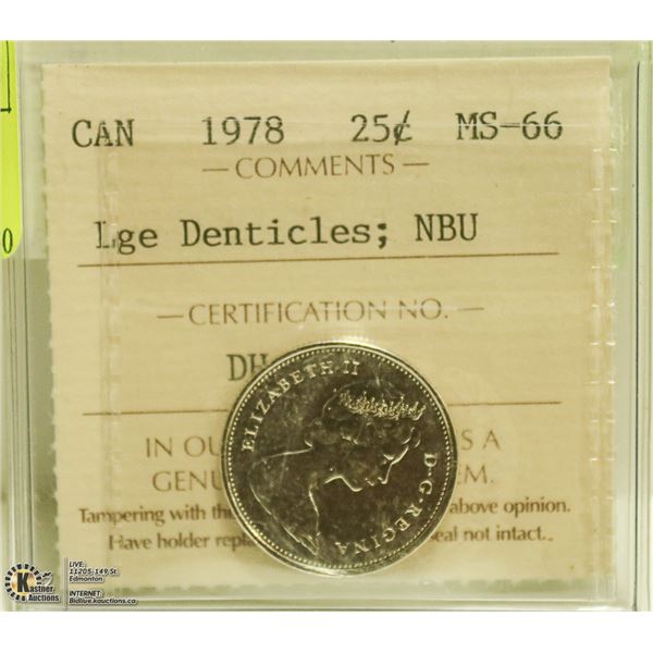 1978 CANADIAN LARGE DENTICLES 25 CENT ICCS CERT