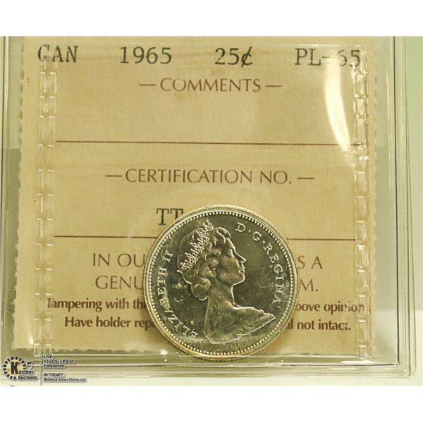 1965 CANADIAN SILVER 25 CENT ICCS CERT PL65 PROOF