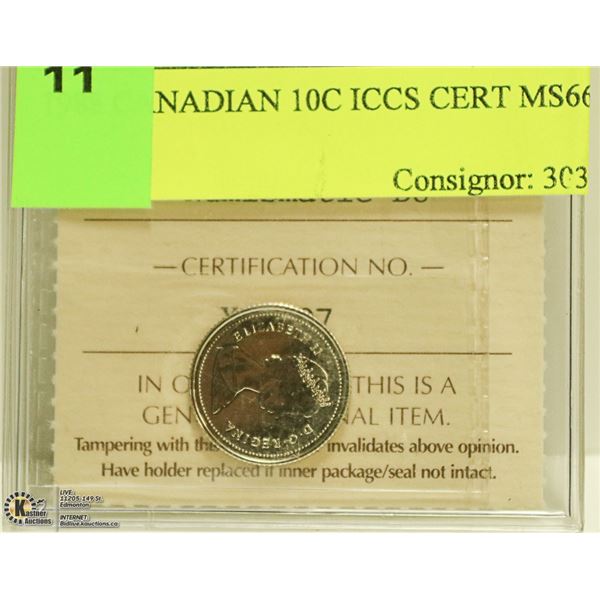 1988 CANADIAN 10 CENT ICCS CERT MS66