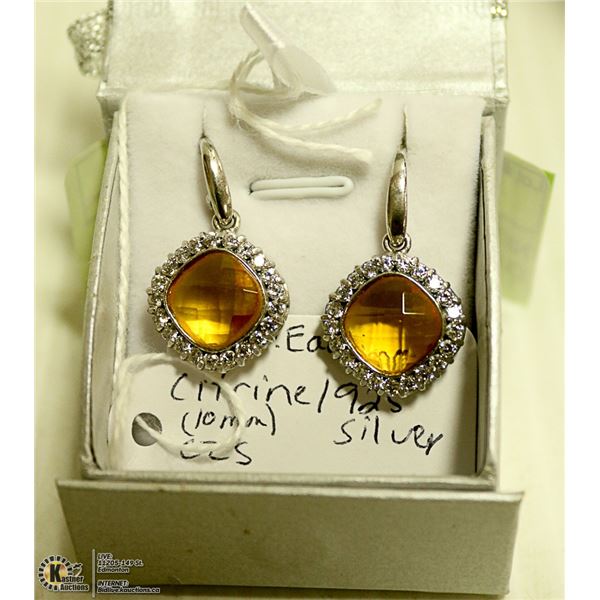 NEW. EARRINGS. CITRINE 10 MM CUSHION CUT