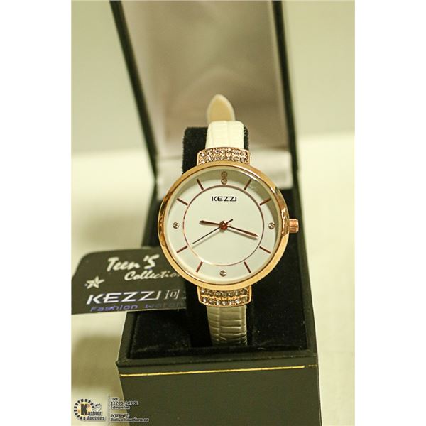 NEW KEZZIE LADIES WATCH, WHITE GENUINE LEATHER