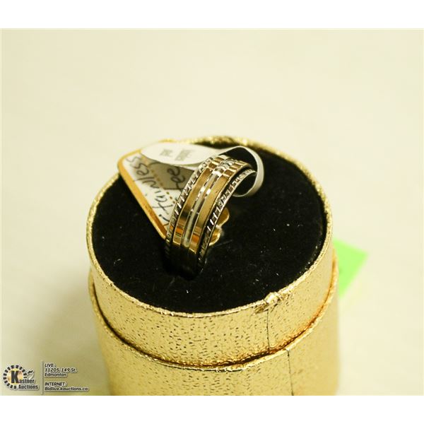 NEW STAINLESS STEEL RING, SIZE 10 IN GOLD TONE