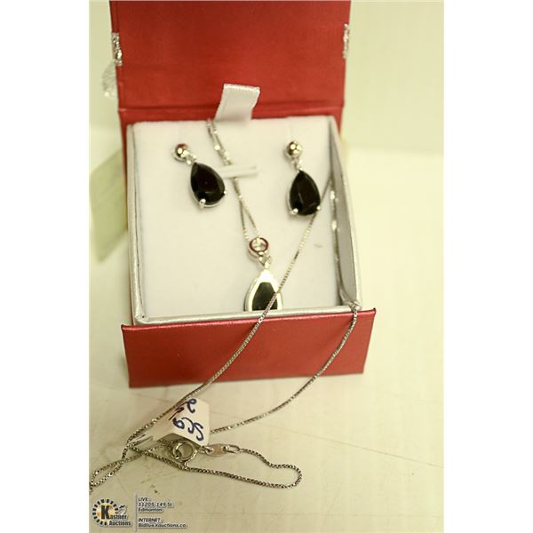 NEW PENDANT SET BLACK ONYX SILVER PEAR STONE