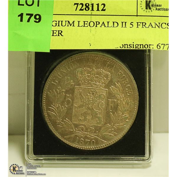 1870 BELGIUM LEOPOLD II 5 FRANCS 90% SILVER