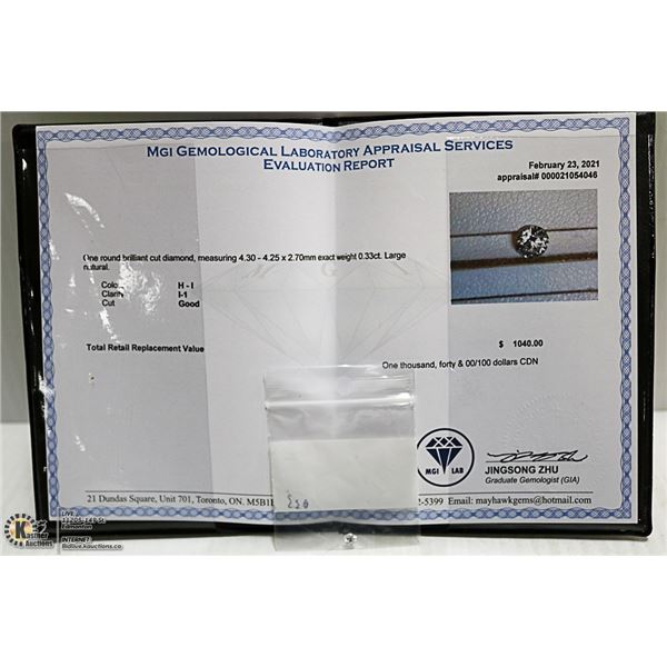 CERTIFIED .33 KARAT DIAMOND I1 H-I COLOUR $1040