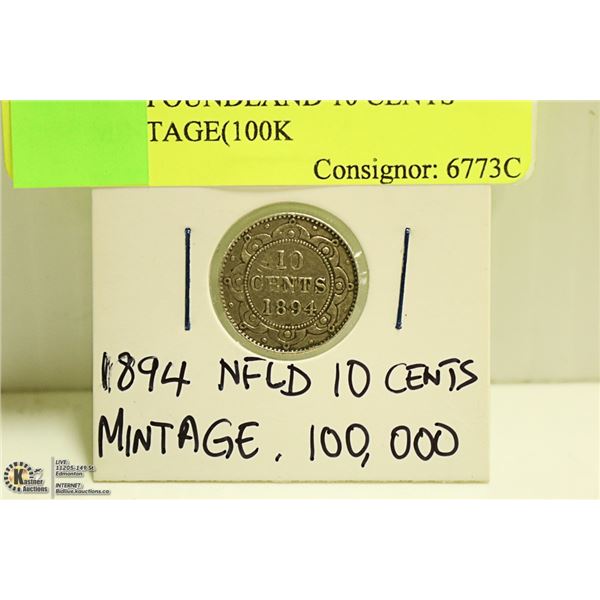 1894 NEWFOUNDLAND 10 CENT LOW MINTAGE(100K