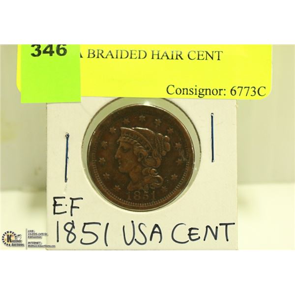 1851 USA BRAIDED HAIR CENT