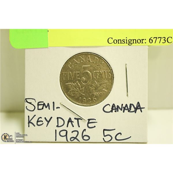 1926 SEMI KEYDATE CANADIAN 5 CENT COIN