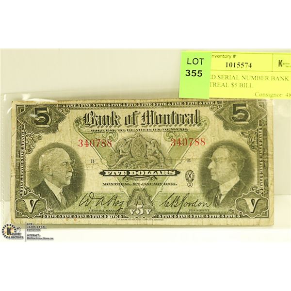 RARE RED SERIAL NUMBER BANK OF MONTREAL $5 BILL