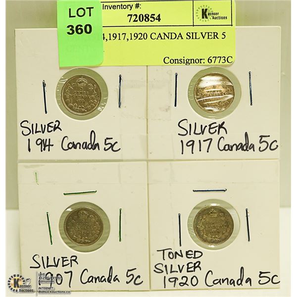 1907,1914,1917,1920 CANDIAN SILVER 5 CENT COINS