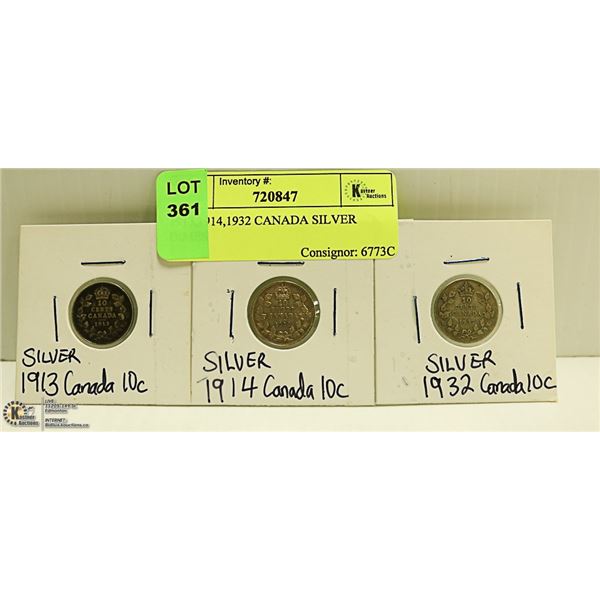 1913,1914,1932 CANADIAN SILVER DIMES