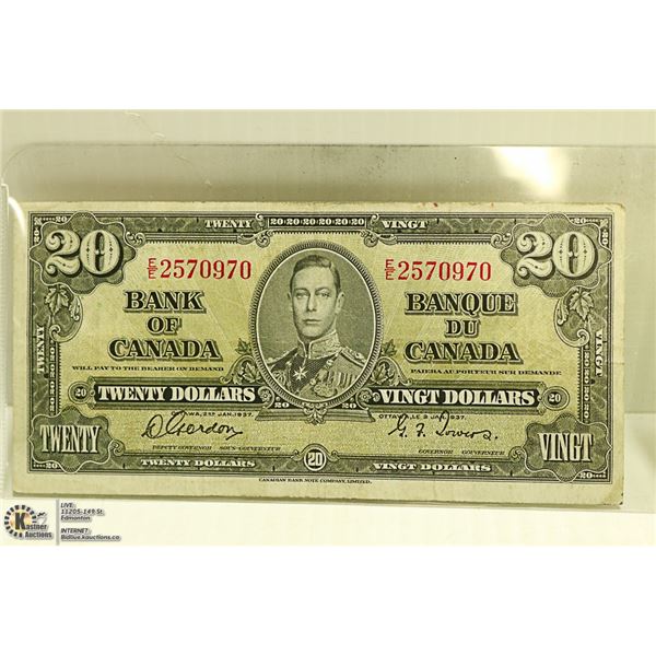 1937 BANK OF CANADA $20 DOLLARS NOTE