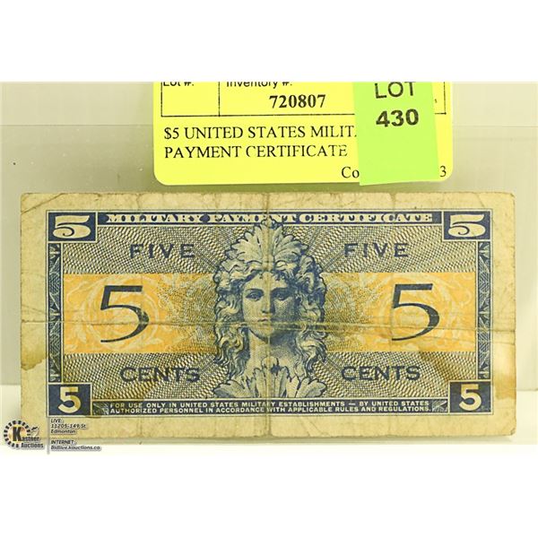 $5 UNITED STATES MILITARY PAYMENT CERTIFICATE