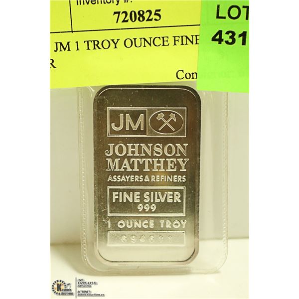 .999 JM 1 TROY OUNCE FINE SILVER BAR
